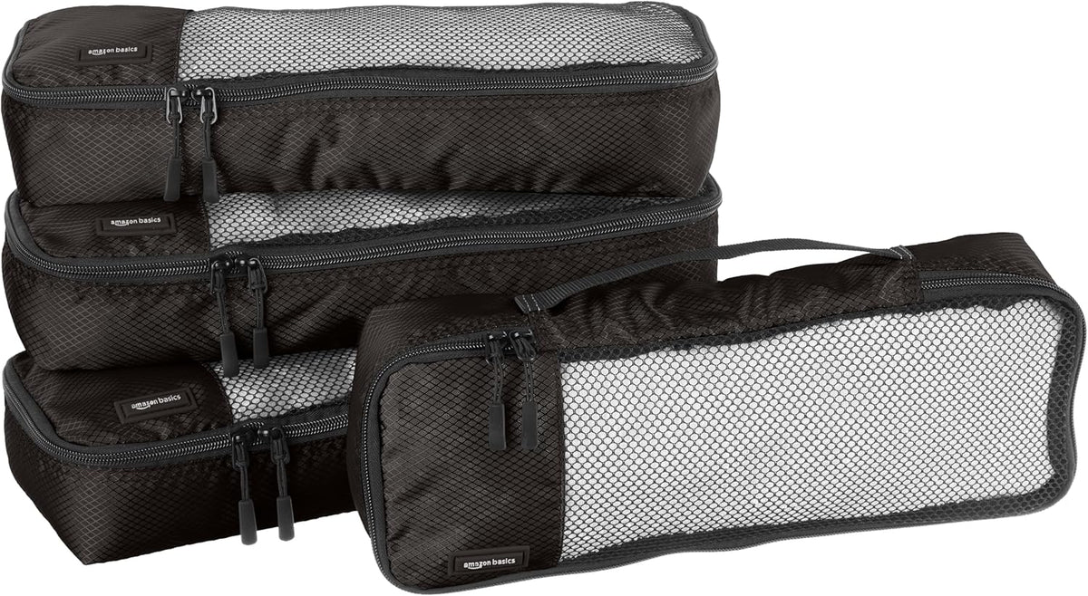 Amazon Basics Slim Packing Cubes for Travel, Packing Organizers, 4-Piece-Set With Double Zipper Pulls and Mesh Top Panel, 100% Durable Polyester, Black, 14"L x 5"W x 3"H - Roamly