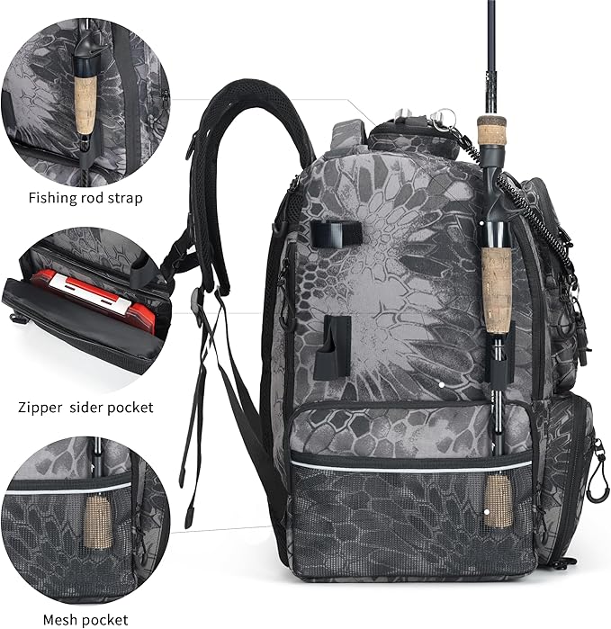 Rabjen Fishing Tackle Backpack, 45L Storage Waterproof Travel Bag Store Fishing Gear with Insulated Top Pocket