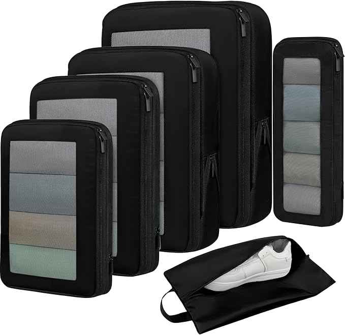 BAGAIL 4 Set/6 Set/8 Set Compression Packing Cubes Travel Accessories Expandable Packing Organizers (Square Mesh, 05-Jet Black)