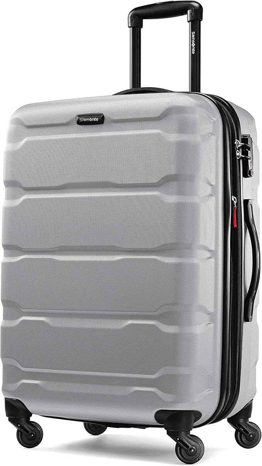 Samsonite Omni PC Hardside Expandable Luggage with Spinner Wheels, Silver, Checked-Medium 24-Inch
