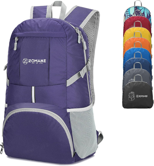 ZOMAKE Lightweight Packable Backpack 35L, Light Foldable Backpacks Water Resistant Collapsible Hiking Bag, Compact Folding Day Pack for Travel Camping(Purple) - Roamly