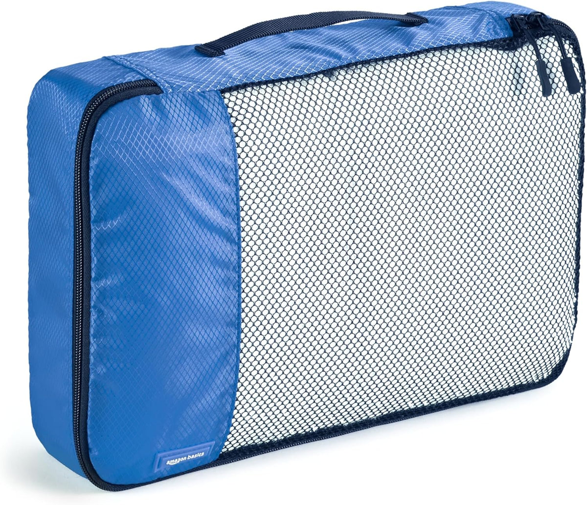 Amazon Basics Packing Cubes for Travel, Packing Organizers Set, 4-Piece-Set (Slim, Small, Medium, Large) With Double Zipper Pulls and Mesh Top Panel, 100% Durable Polyester, Blue - Roamly