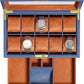 ROTHWELL 10-Slot Watch Box in Leather with Valet Drawer, Luxury Watch Case Display Organizer with Ultra Soft Microsuede Liner, Jewelry and Sunglass Holder With Large Glass top (Blue/Tan)