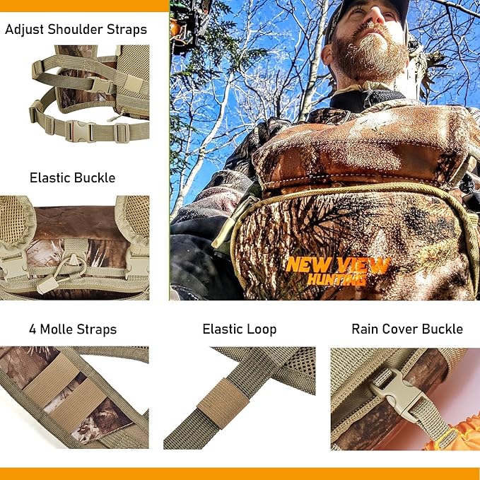 NEW VIEW Silent Binocular Harness Chest Pack, Hunting Bino Case with Dual MOLLE Straps, Binocular Harness with Detachable Chest Strap Rangefinder Pouch Rain Cover for Saddle Hunting Bird Watching