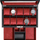 ROTHWELL 10-Slot Watch Box in Leather with Valet Drawer, Luxury Watch Case Display Organizer with Ultra Soft Microsuede Liner, Jewelry and Sunglass Holder With Large Glass top (Black/Red)