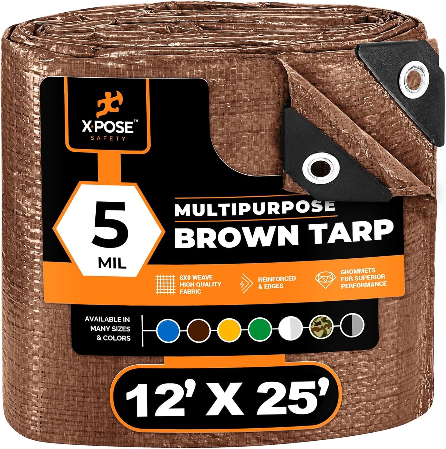 Multipurpose Protective Cover Brown Poly Tarp 12' x 25' - Durable, Water Resistant, Weather Resistant - 5 Mil Thick Polyethylene - by Xpose Safety