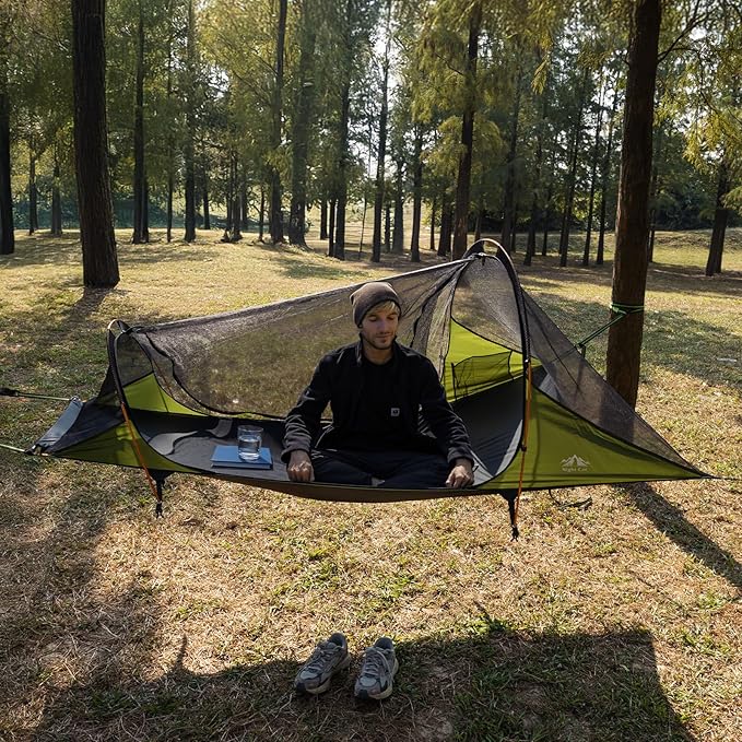 Night Cat Flat Lay Hammock Tent: Portable Lightweight Camping Hammock with Mosquito Net Waterproof Rainfly for 1 Person Outdoor Camping Green