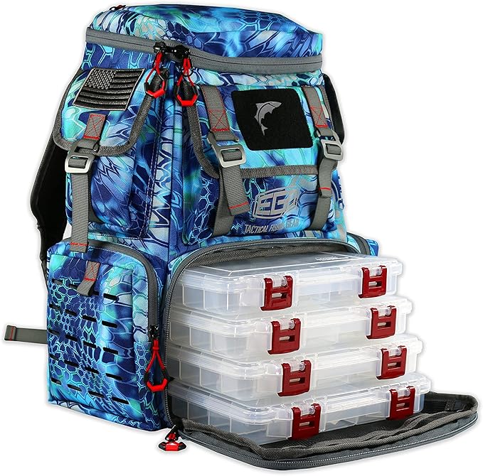 Ego Kryptek Tactical Tackle Box Backpack, Durable Fishing Tool Bag, 1000D Nylon Fabric with PVC Back, Water-Resistant, Multiple Storage Pockets, Laser-Cut Molle Loops, Includes 4 Tackle Trays