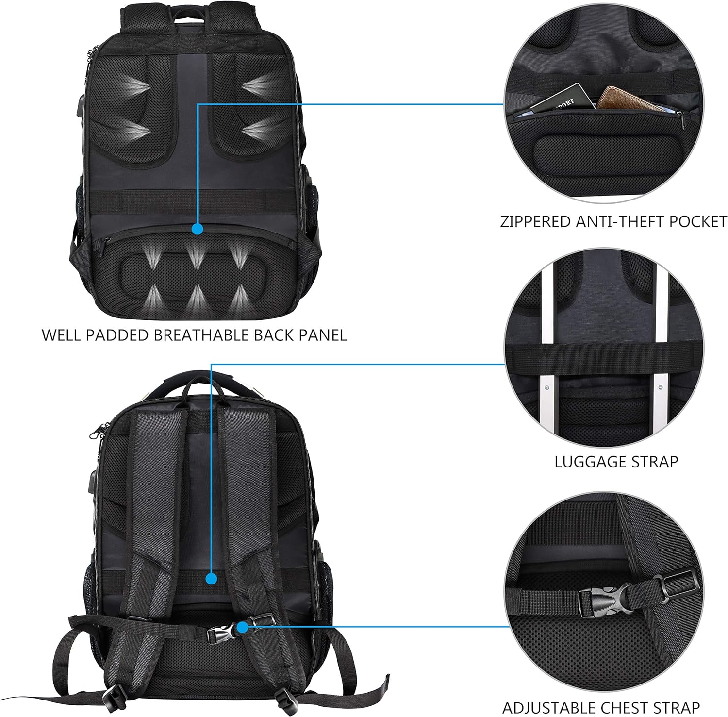 KROSER TSA Friendly Travel Laptop Backpack 17.3 inch XL Computer Backpack Water-Repellent College Daypack Business Backpack with RFID Pockets & USB Port for Men/Women-Black - Roamly