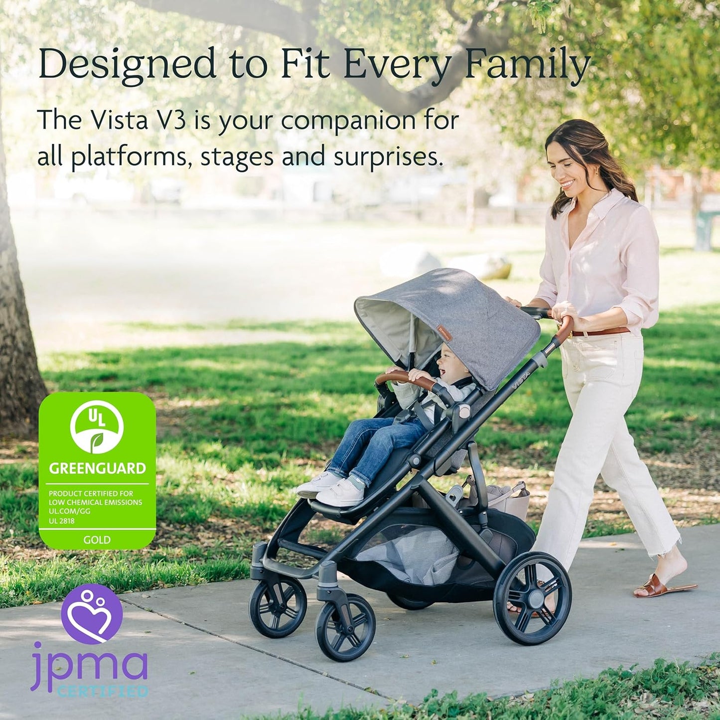 UPPAbaby Vista V3 Stroller - Full-Size Single-to-Double Stroller System - Toddler Seat, Bug Shield, Rain Shield, and Storage Bag Included - Declan (Oat Mélange/Silver Frame/Chestnut Leather)