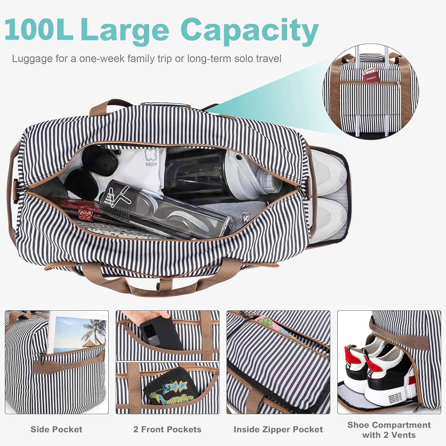 100L Duffle Bag for Travel, Large Foldable Waterproof Travel Duffel Bags Weekender Overnight Bag for Men and Women with Shoe Compartment (Stripe) - Roamly