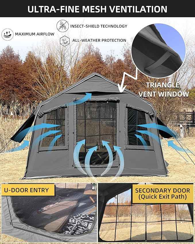 Cotton Inflatable Camping Tent, 2-4 Person, Windproof Glamping Design with Skylight, Instant Setup (2~4person(10.2'L X 8'W X 7'H)-Green)