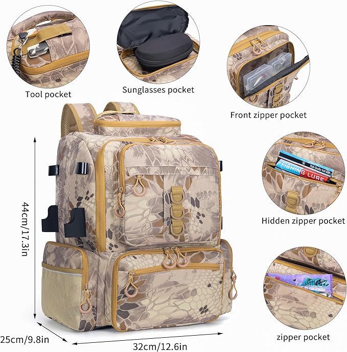 Rabjen Fishing Tackle Backpack, 45L Storage Waterproof Travel Bag Store Fishing Gear with Insulated Top Pocket