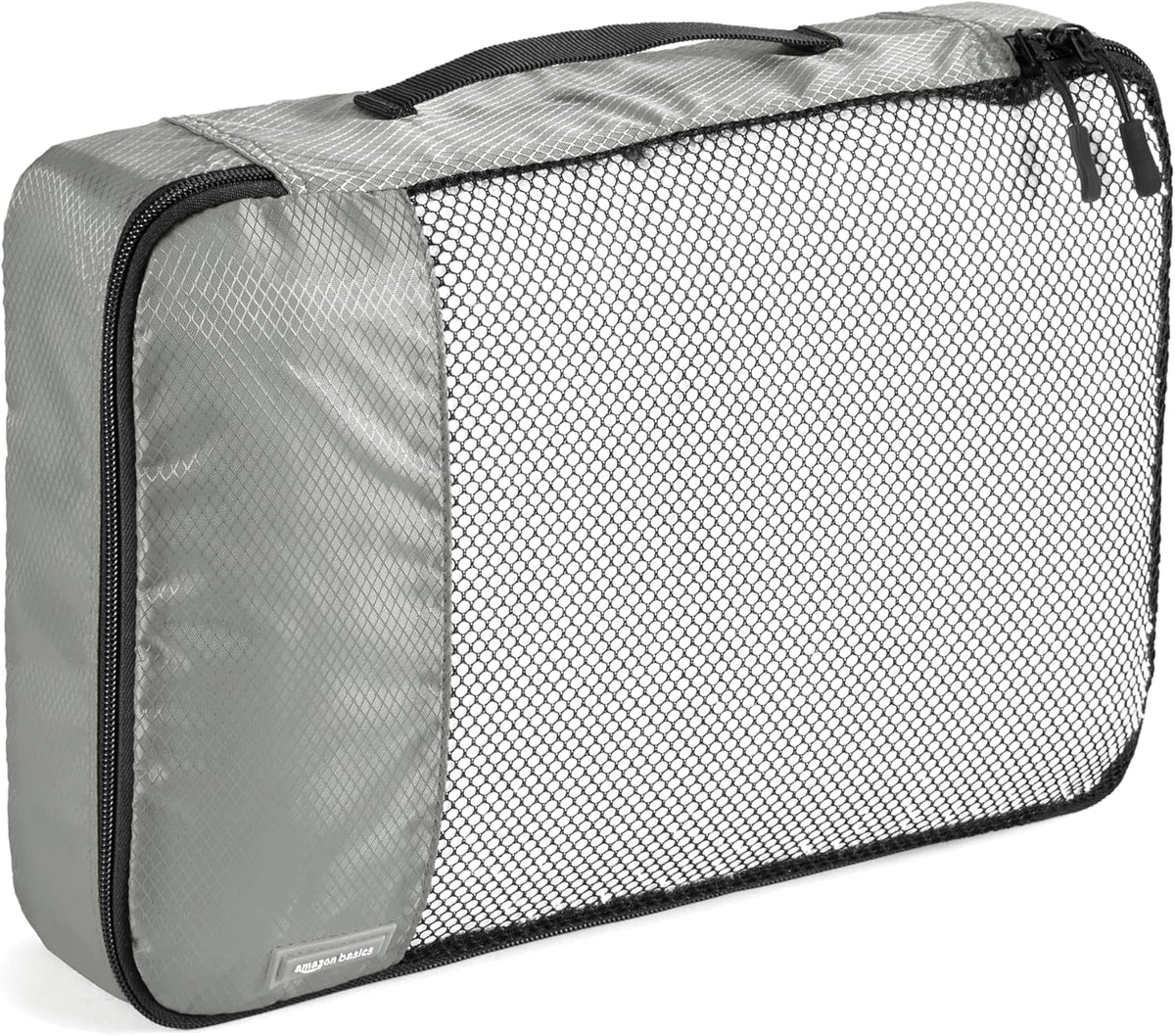 Amazon Basics Lightweight Packing Cubes Travel Organizer Set with Double Zipper, Mesh Top, Multiple Sizes, 4 Piece, Gray - Roamly