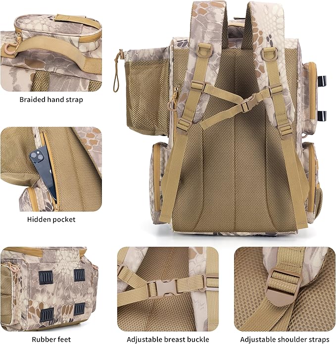 Rabjen Fishing Tackle Backpack with Rod Holders, Bottle Holder, Storage Bag Store Fishing Gear