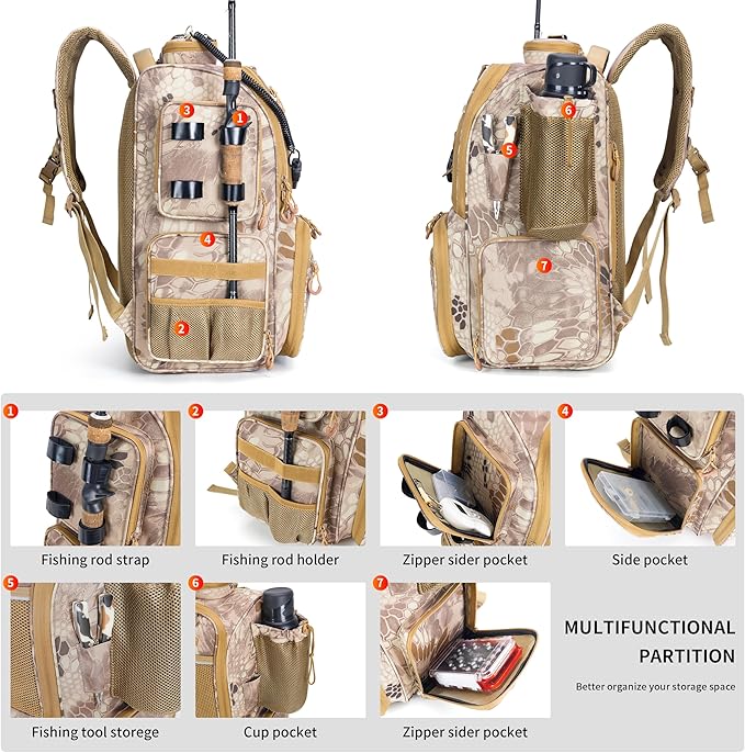 Rabjen Fishing Tackle Backpack with Rod Holders, Bottle Holder, Storage Bag Store Fishing Gear