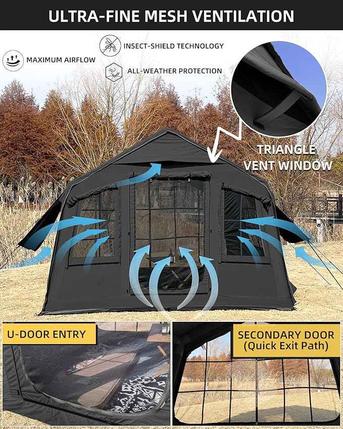 Cotton Inflatable Camping Tent, 2-4 Person, Windproof Glamping Design with Skylight, Instant Setup (2~4person(10.2'L X 8'W X 7'H)-Green)