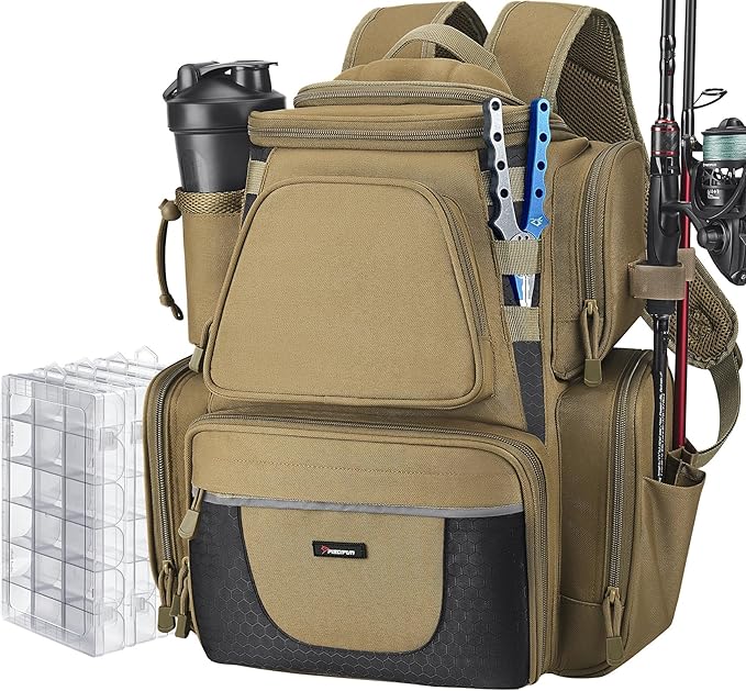 Piscifun Fishing Backpack with 2 Rod Holders & 4 Tackle Boxes, Large Tackle Storage Bag With Rain Cover for Fishing Gear