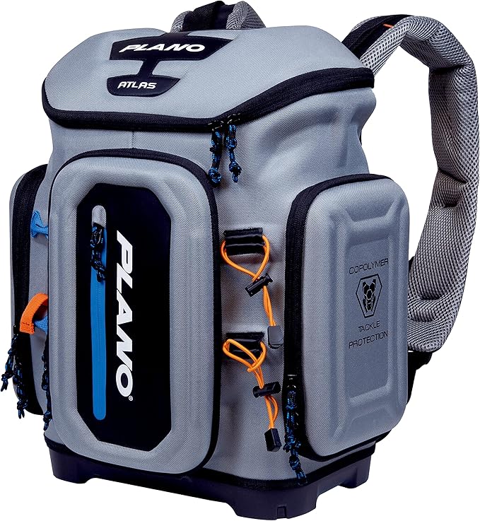 Plano Atlas 3700 Tackle Fishing Backpack, Gray EVA Material, Includes 3 3750 StowAway Utility Boxes for Worms, Lures, & Baits, Waterproof & Non-Skid Base, Grey