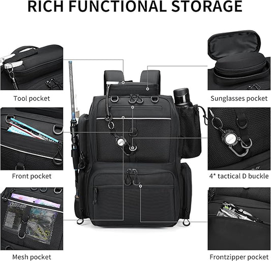 Rabjen Fishing Tackle Backpack with Rod Holders, Bottle Holder, Storage Bag Store Fishing Gear