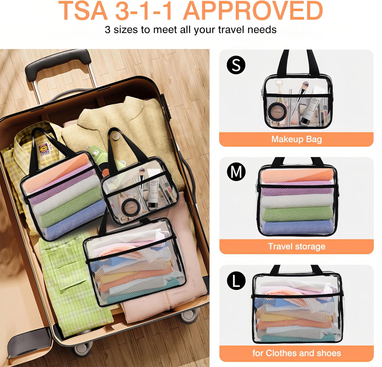 XEWEA Large Small Clear Travel Toiletry Bags with Handles & Pocket for Men Women, 3PCS TSA Approved Transparent Makeup Bag,Waterproof PVC Quart Organizer with Zipper for Toiletries Airline Essentials - Roamly