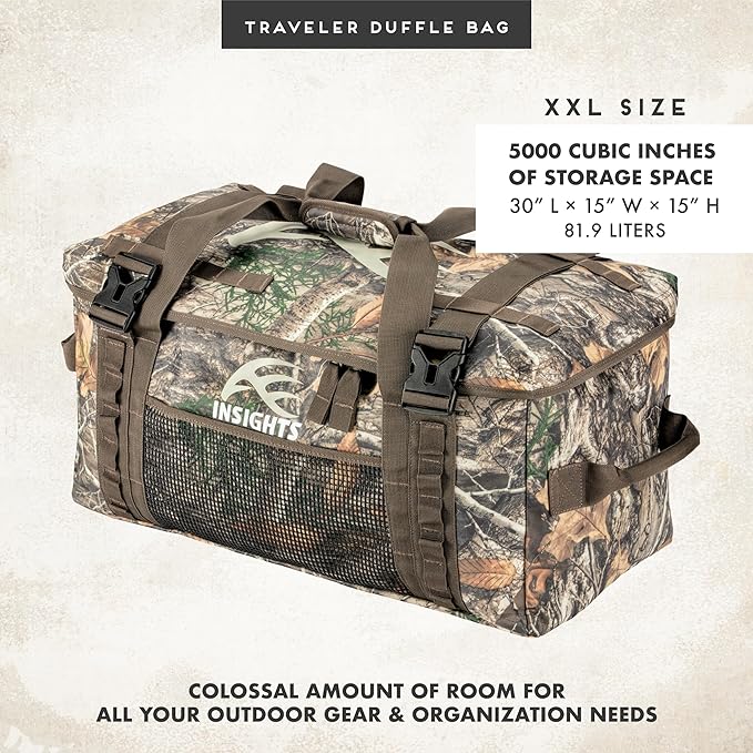 Insights Hunting by frogg toggs– The Traveler Gear Bag, All Around Hunting Weatherproof Storage Duffle, XXL 5000 Cubic Inches of Storage, Realtree Edge