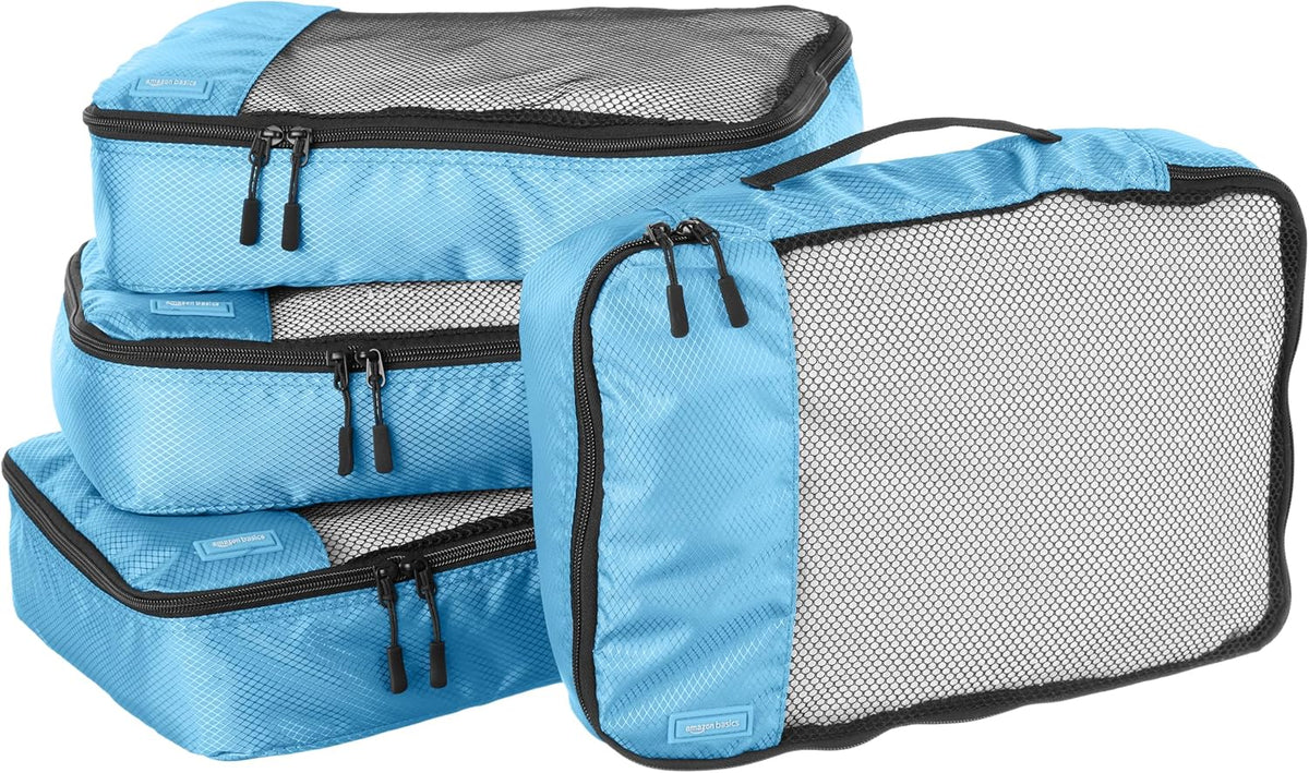 Amazon Basics Medium Packing Cubes for Travel, Packing Organizers, 4-Piece-Set With Double Zipper Pulls and Mesh Top Panel, 100% Durable Polyester, Sky Blue, 13.8"L x 9.8"W x 3"H - Roamly