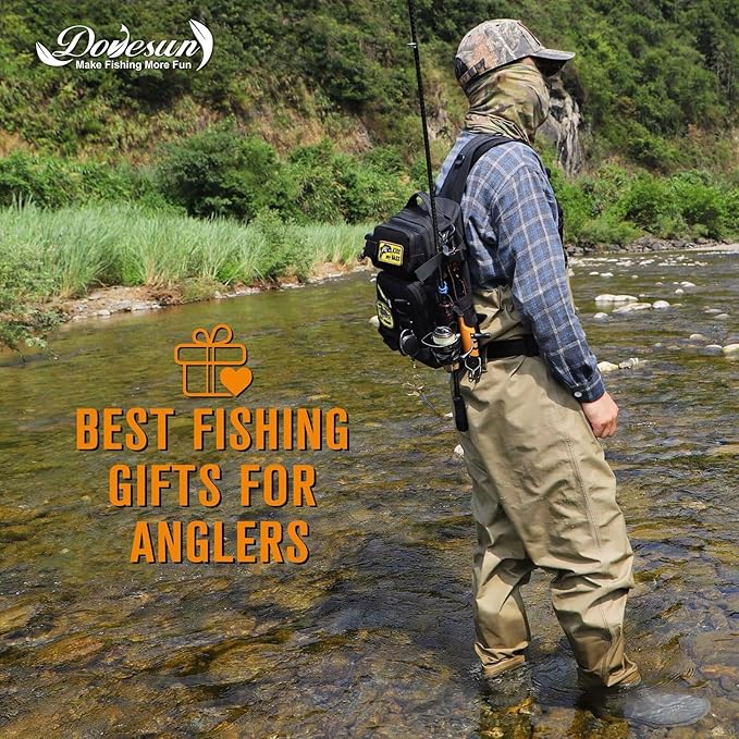 Dovesun Small Fishing Backpack with Tackle Boxes Fishing Sling Bag DIY Embroidery Patches Tackle Bag Gift for Men Black