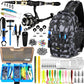 PLUSINNO Fishing Backpack with Fishing Rod &Tackle Boxes, Waterproof Sling Tackle Bag for Fish Gear with Rod Holder, Gifts for Men with Lures, Pliers, Fish Lip Gripper.