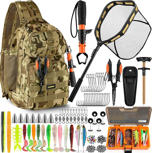 PLUSINNO Fishing Backpack with Floating Fishing Net, Tackle Boxes, Waterproof Sling Tackle Bag For Fish Gear With Rod Holder, Gifts for Men
