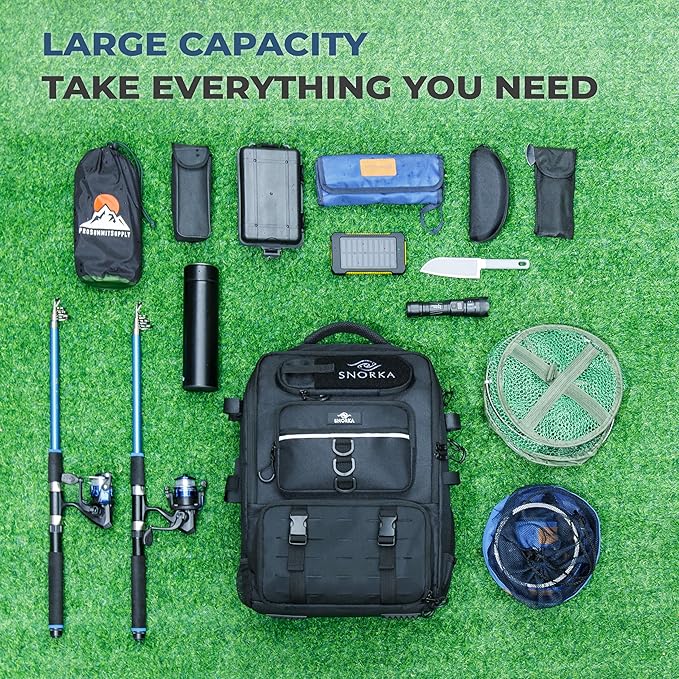 Fishing Backpack with Tackle Boxes and Rod Holders 40L; Plus Rain Cover, Padded Back Support, Insulated Front Pocket for Hot/Cold Lunch, Water Bottle Holder (Tactical Black)